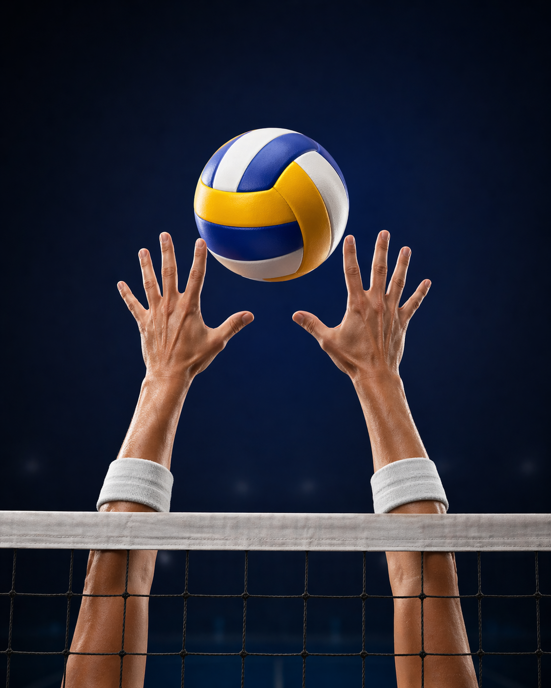 Volleyball players blocking at the net under arena lights